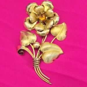 Elegant Gold Over Sterling Flower Brooch Vintage Signed A&T 18 Grams 3.5 Inches